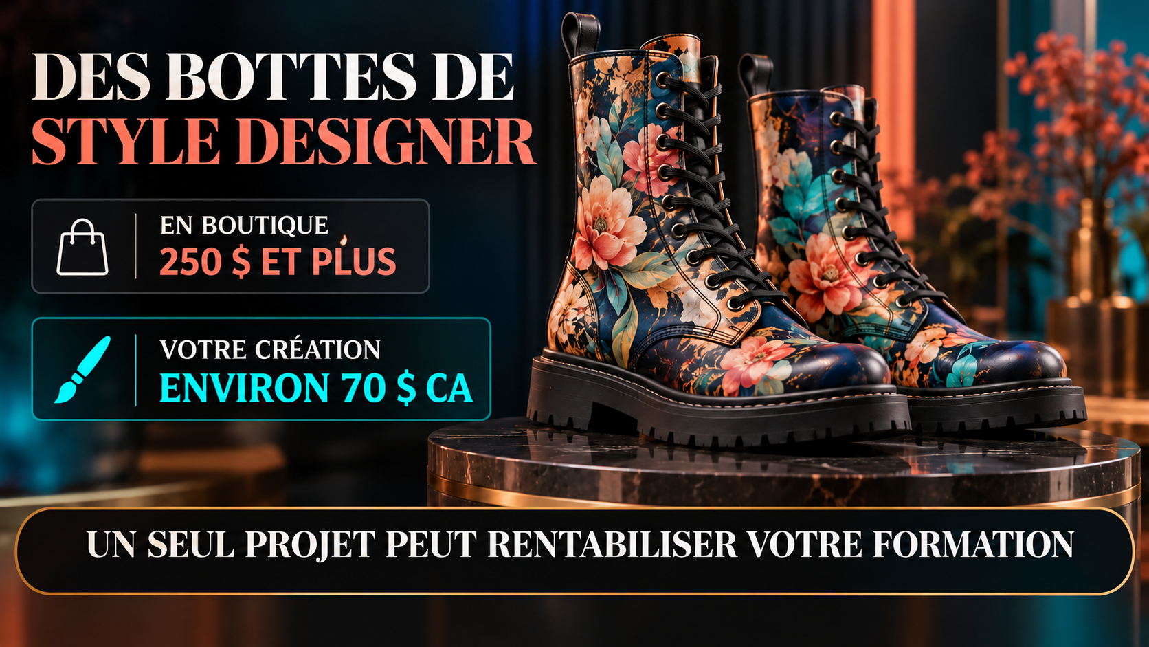 Affiche : bottes fleuries de style designer sur un podium — en boutique 250 $ et plus, votre création environ 70 $ CA; un seul projet peut rentabiliser votre formation